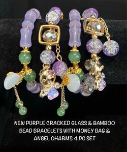 NEW PURPLE CRACKED GLASS & BAMBOO BEADED BRACELETS W/ANGELS & PERFUME CHARMS 4 PC SET