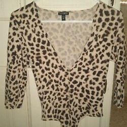 Express Long sleeve Medium bodysuit leopard print low dip neck