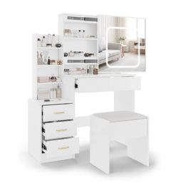 Garvee White Sliding Mirror Makeup Vanity Desk with LED Lights Charging Station 4 Drawers and Stool