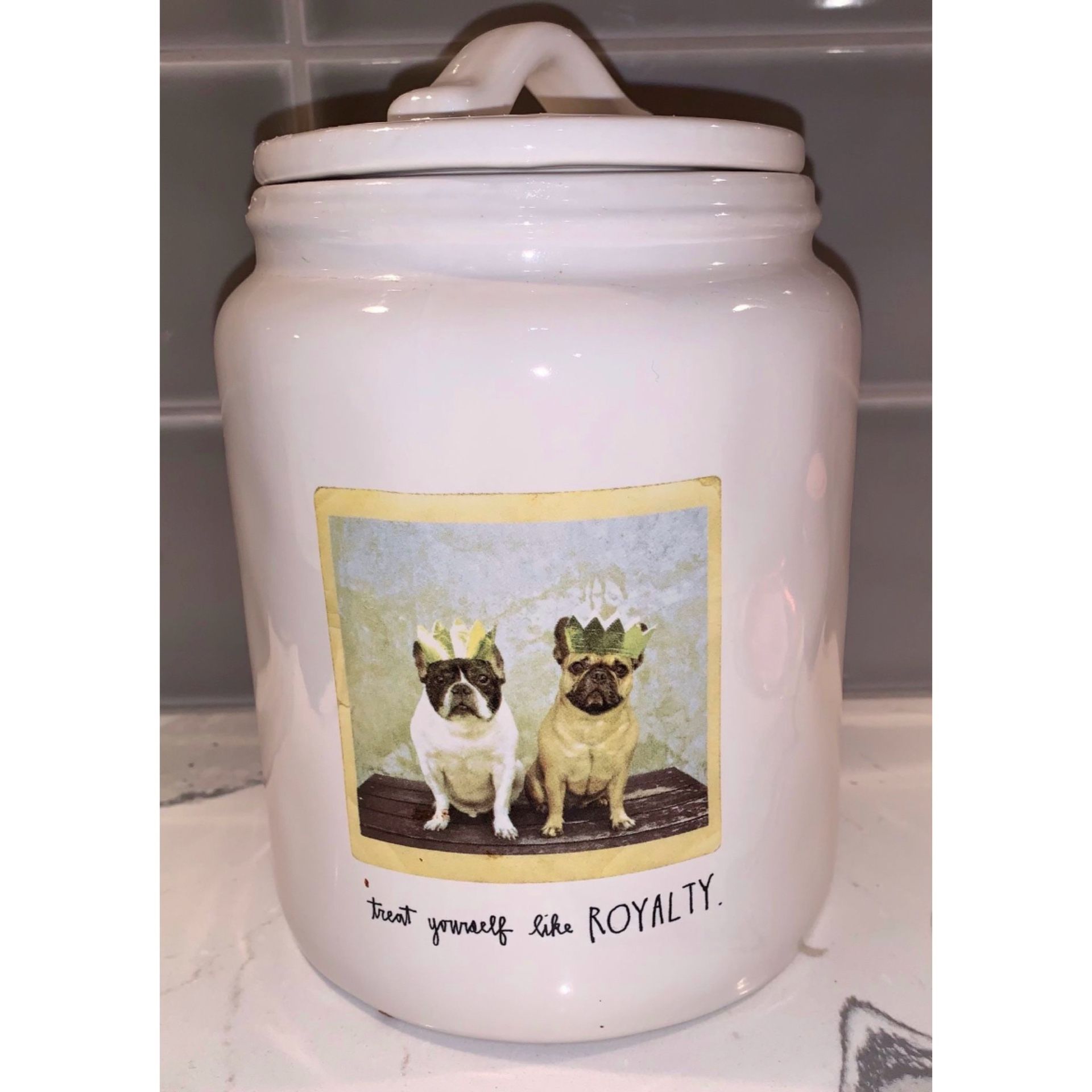 RAE DUNN Photo Dog Canister “Treat yourself like ROYALTY” Bulldog Container