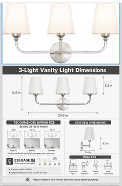 Bathroom Vanity Light Brushed Nickel Bathroom Lighting Fixtures Over Mirror 3-Light Bathroom Light Fixtures with Flared White Fabric Shade, E26 Socket