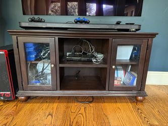 Dark Brown Wood TV Stand with Glass Doors