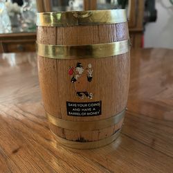 Vintage “Save Your Coins and Have a Barrel of Money” Wooden Barrel Bank