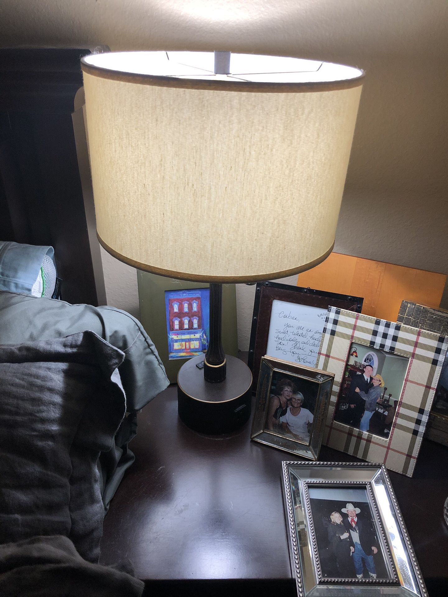 Lamp with electrical outlet and shade/switch too