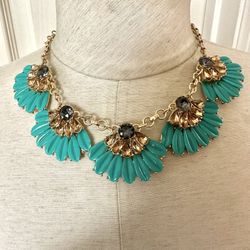 Gold/turquoise Tone Rhinestone Statement Necklace 