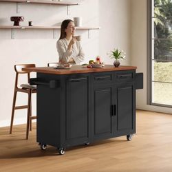 Modern Kitchen Island with Storage - Rolling Island Cart on Wheels with Power Outlet