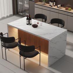 Modern White Marble Dining Table – LED Light – 63” – Seats 4–6