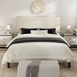 King Size Bed Frame, Platform Bed Frame with Upholstered Adjustable Headboard, Cream White, Velvet