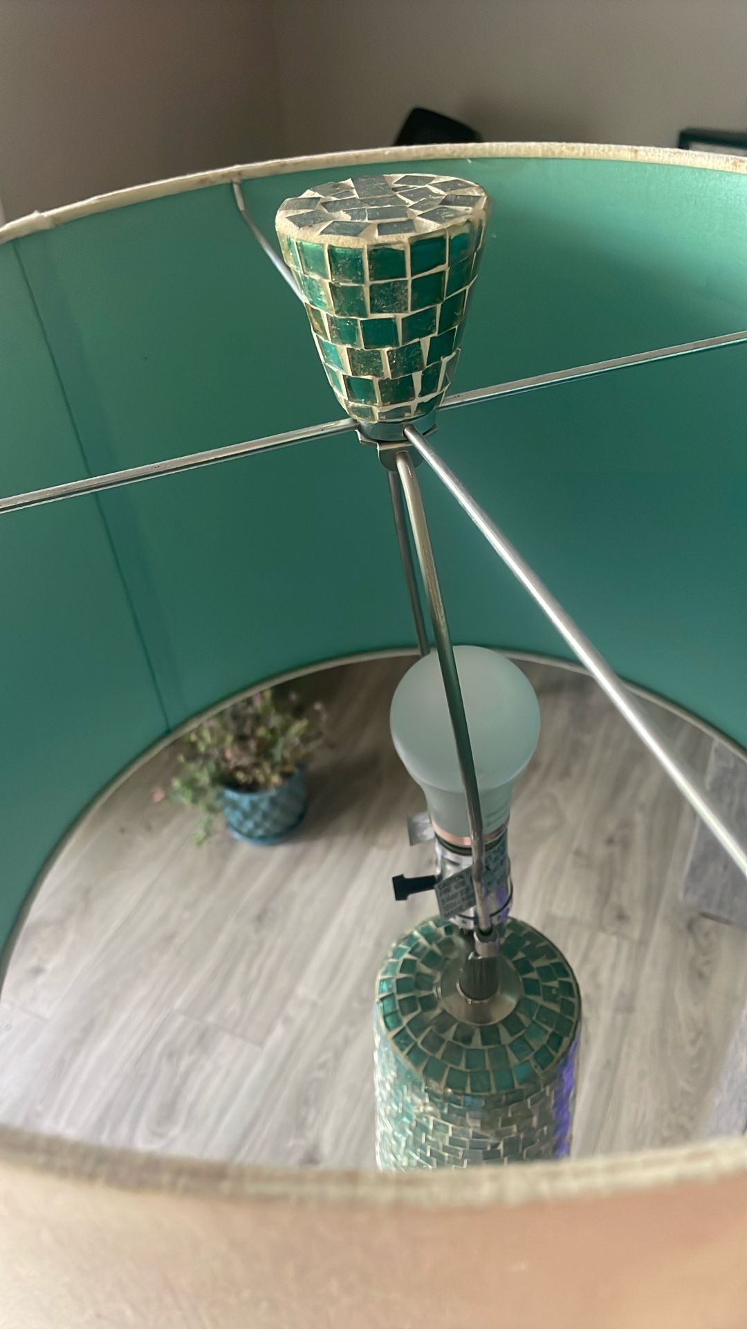 Vintage 1970 Mosaic Glass Over Wood Turquoise Green Floor Lamp With White Mint Drum Shade