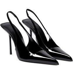 THESHY Women's Pointed Toe Slingback Heels Stiletto High Heel Faux Leather Stretch Strap Slip-on Backless Pumps Fashion Dress Shoes for Women