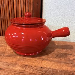Vintage Red Glazed Italian Ceramic Bean Pot / Soup Pot with Handle & Lid • Made in Italy