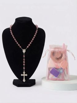 NWOT pink beaded Rosary w silver accent crucifix & handpicked custom made beauty bag