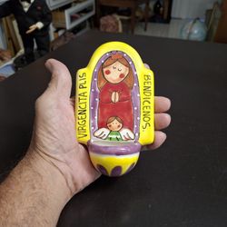Beautiful Hand-painted "Virgin Please Bless Us" Ceramic Font Made In Mexico 6"
