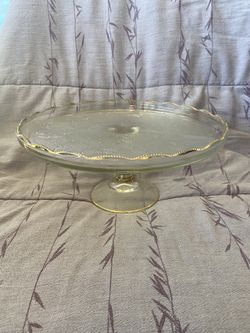 Vintage Jeannette HARP Design Gold Scalloped Trim Cake Plate