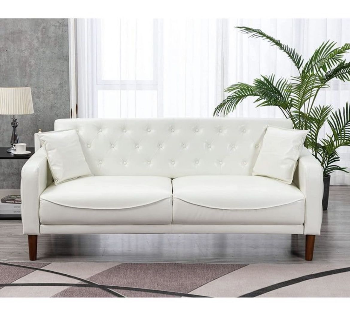 Faux Leather Sofas and Couches 78 Inches Long, Mid Century Modern Couch Tufted Back Sofa with 2 Throw Pillows