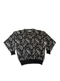 Vintage Gitano Sweater Large Made in the USA Paisley White Black ‘80s ‘90s Knit