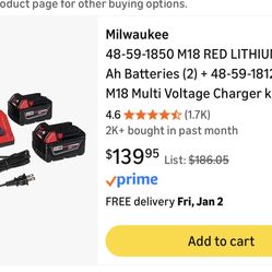 Brand New Unopened Milwaukee Charger With Two Red Lithium Xc 5.0 Batteries