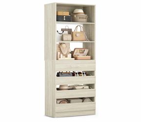 2028b  21.3" Closet System with 4 Drawers, Wood Closet Organizer with Open Shelves, Modular Drawers System Tower, Walk-in Closets Small Wardrobe Rack,