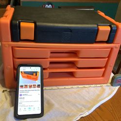 Home Depot vintage 2002 Real Kids tool box with tools this box is in excellent condition locking latches on top, 3 slide out drawers, handles on both 