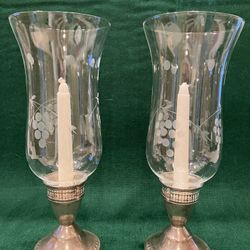 Sterling Silver Hurricane Candleholders With Delicate Etched Glass Chimney