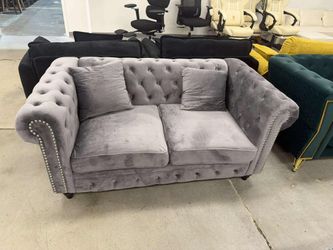 Mid Century Modern Loveseat Sofa, 63.5"W Velvet Fabric Button Tufted Small Couch with Nailhead Trim & Roll Armrest,