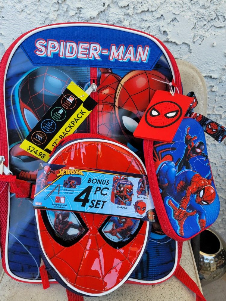 4 piece Spiderman backpack, lunch box new with tags
