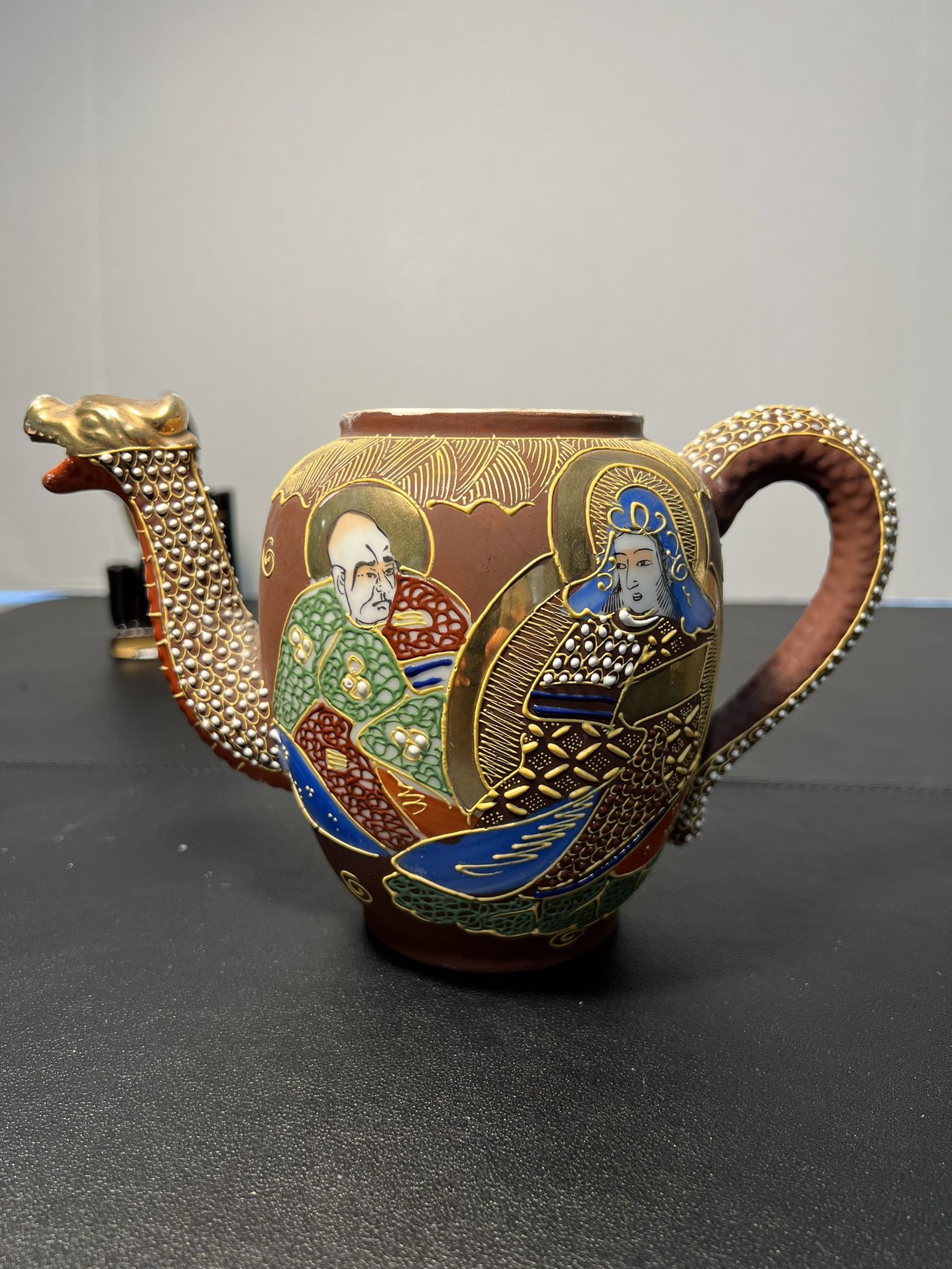 Japanese Antique 1868 To 1912 Meiji Satsuma Moriage Dragonware Immortals Teapot