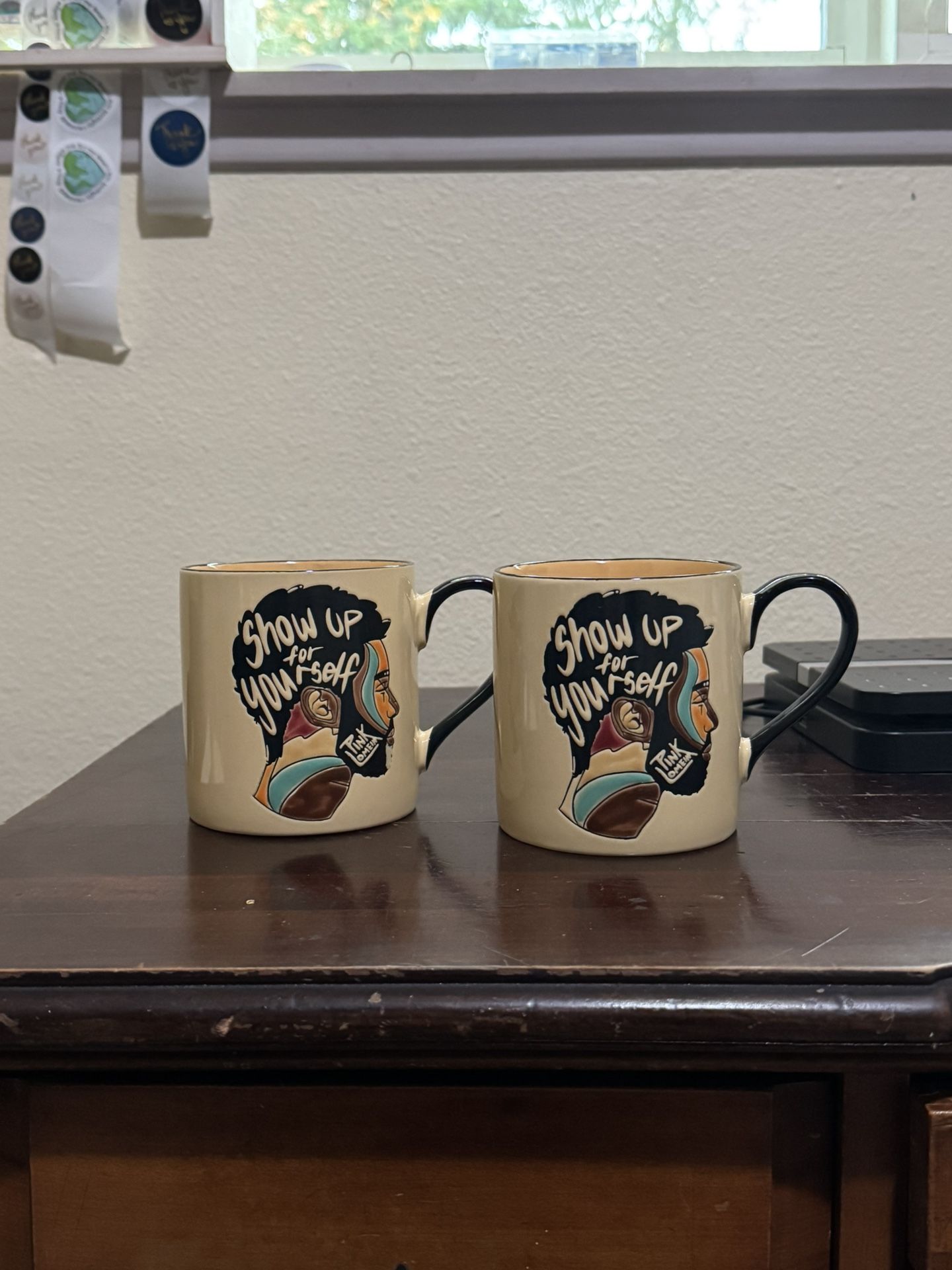 Pink Lomein SHOW UP FOR YOURSELF Handmade Ceramic Coffee Mug 17oz Set Of 2