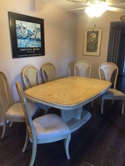 Antique Washed oak table with six chairs and 2 extra leaves