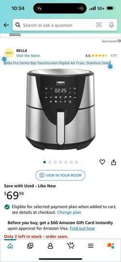 Bella Pro Series 8qt Touchscreen Digital Air Fryer, Stainless Steel