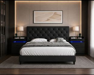 Set of 3 Queen bed frame(faux leather) and two nightstands. Brand new in box.