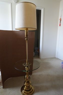 Vintage Brass Floor Lamp with Round Glass Side Table