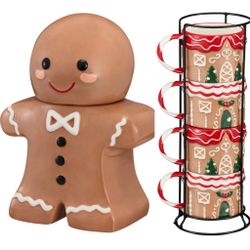 NEW Gingerbread Man Cookie Jar & House Cups Mug Stacking Set Christmas Holiday Gift Decoration Cocoa