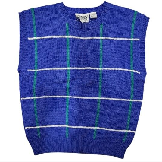 Vintage Russ Petites Size Small Blue Green Plaid Wool Blend Sweater Vest