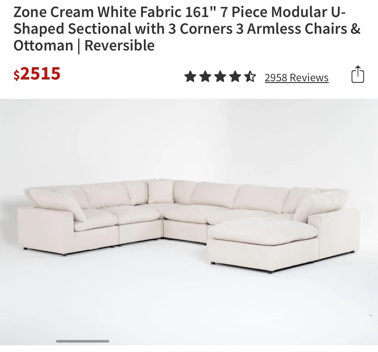 Zone Cream White Fabric 161" 7 Piece Modular U-Shaped Sectional with 3 Corners 3 Armless Chairs & Ottoman Reversible