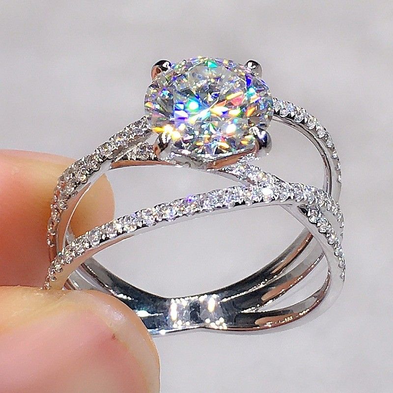 "Engagement CZ Clear Super Large Silver Plated Wedding Beautiful Ring, K993
