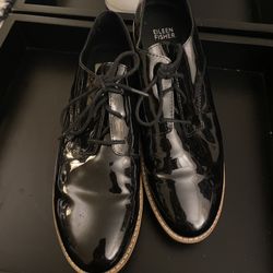 Eillen Fisher Platform Patent Leather Oxford Shoes Black