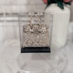 Silver-Grey Genuine Pony Hair Mini Birkin Bag Charm with Acrylic Display Case