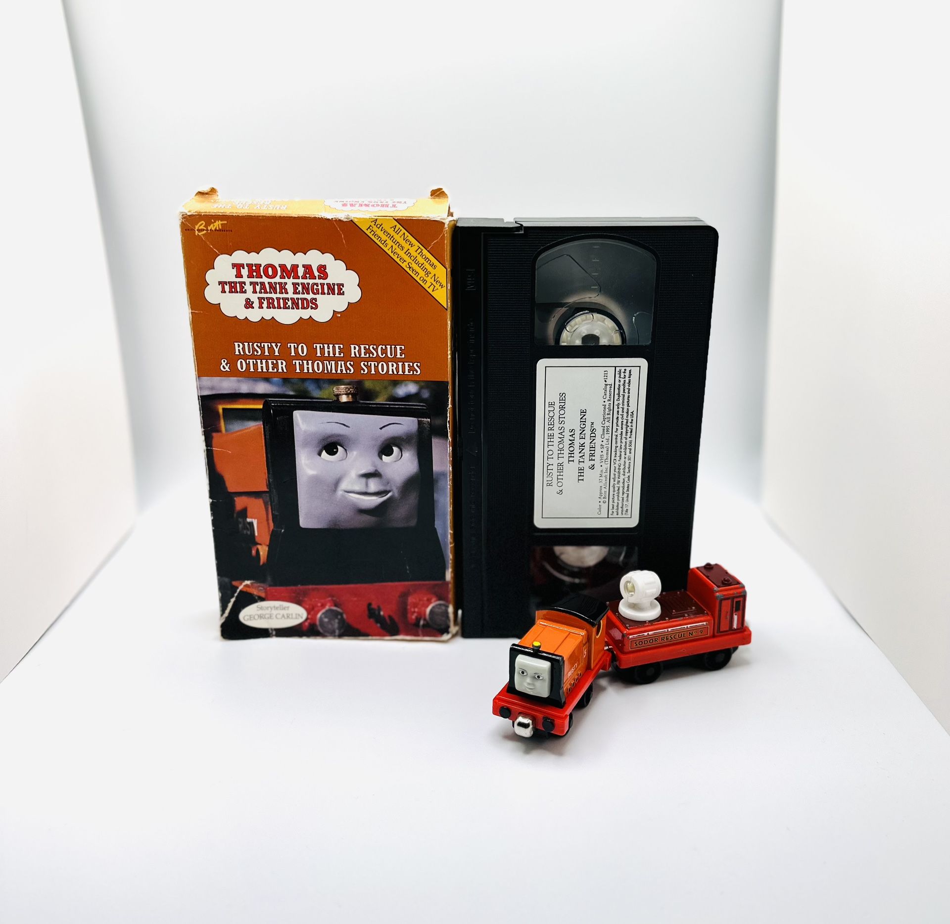 Thomas & Friends Rusty to the Rescue VHS with 2004 Rusty & Spotlight Car Take Along Trains