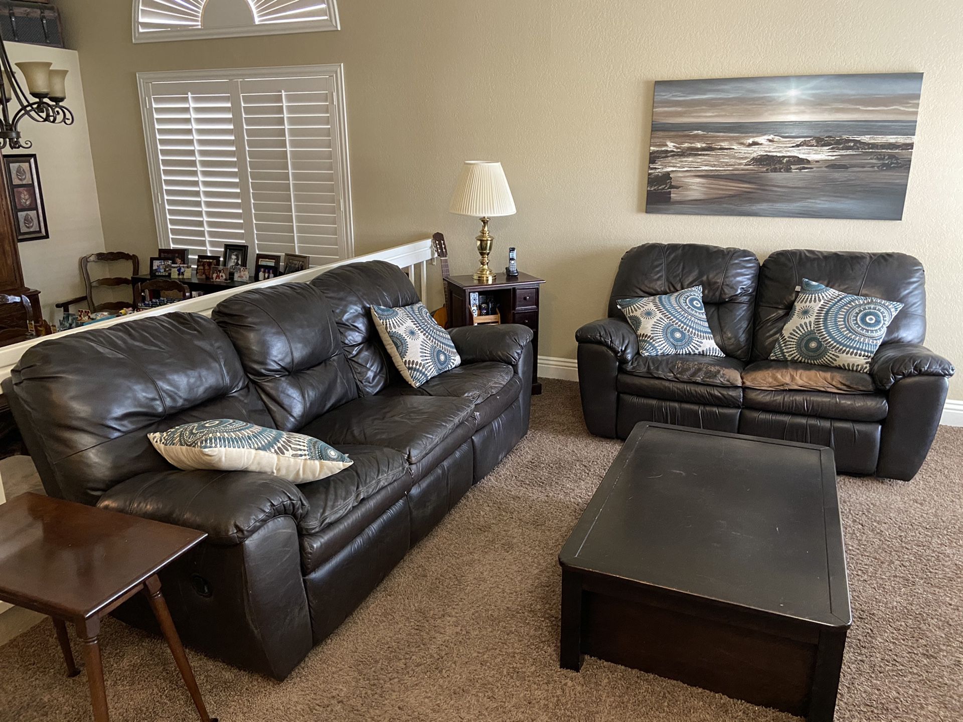 Leather Reclining Couch Loveseat and Coffee Table