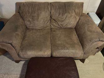 Brown microfiber loveseat and ottoman (dimensions in description)
