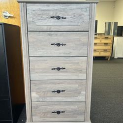 Grey 5 Drawer Vertical Dresser for Bedroom, 43''H Farmhouse Wood Drawer Chest Storage Cabinet(little drawer on back)