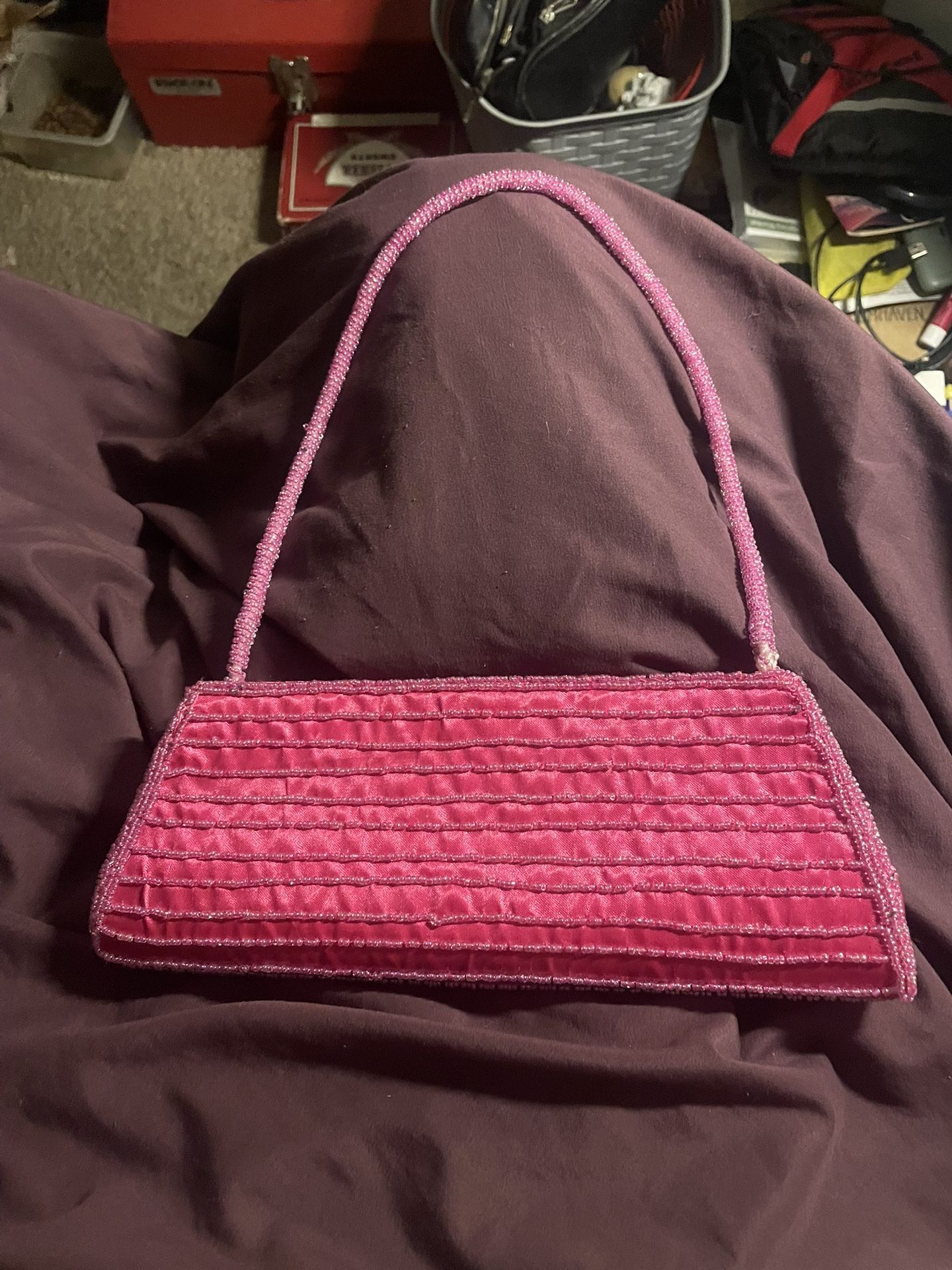 Bijoux Terner Pink Seed Bead Evening Hard Case Clutch Purse w Strap