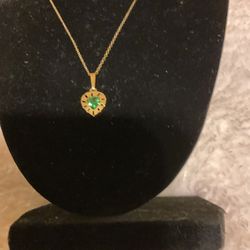 )Gold Necklace W/ Heart Pendant With Green Crystal (Avon)