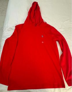 This is a red Polo Ralph Lauren cotton jersey hooded T-shirt featuring a contrasting blue embroidered pony logo on the chest. Size SMALL