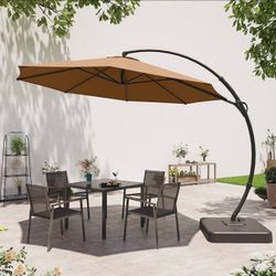 1006-Outdoor Patio Umbrella with Base, 12FT Curve Cantilever Umbrella Heavy Duty Offset Hanging Umbrella with 360° Rotation for Market, Pool, Garden, 