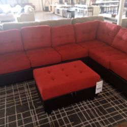 Red And Black Cupholder Sectional With Ottoman 