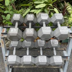 SET OF STEEL HEX DUMBBELLS & RACK (PAIRS OF) :  65s = sold /   70s  = sold /  75s = $200 /   (80s = sold)
     • Will Sell Individual Pairs 