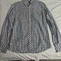 Blue and white plaid button-up shirt