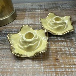 Yellow Gold Trim Flower Votive Rose Candle Holders MCM USA Vintage